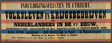 799091 Affiche van het inhuldigingsfeest van koningin Wilhelmina met als thema Volksleven en Krijgsbedrijven van ...